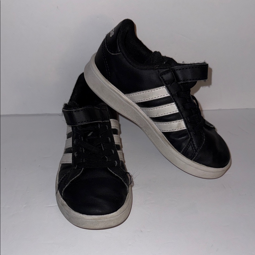 Adidas Kids Black and White Sneakers with Stripes Boy’s Size 11